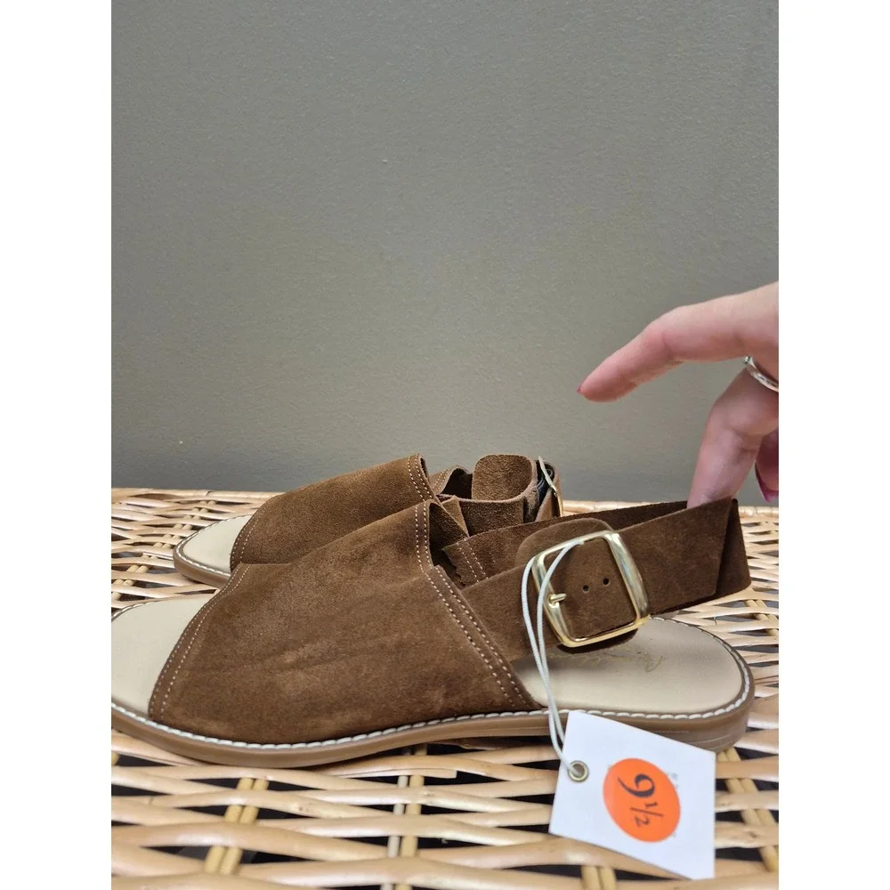 Avelini Brown Suede Slingback Sandals Size 9.5 Made in Italy Leather Square Toe